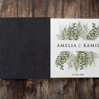 Eleganckie zaproszenie ślubne Leaves z&nbsp;mieniącą się podklejką i&nbsp;kopertą