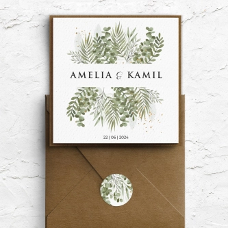 Ekologiczne zaproszenie kwadratowe Leaves z&nbsp;wklejką, podklejką i&nbsp;kopertą