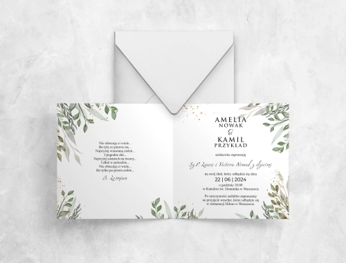 Piękne i minimalistyczne zaproszenie Leaves z białą kopertą