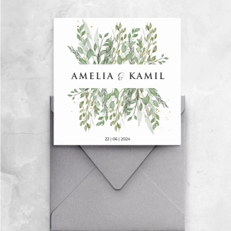 Piękne zaproszenie Leaves motyw 3 z&nbsp;kopertą szarą perłową