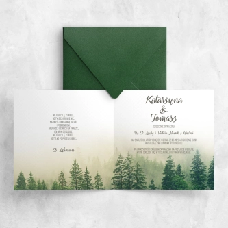 Leśne zaproszenie ślubne z&nbsp;kopertą ciemno zieloną