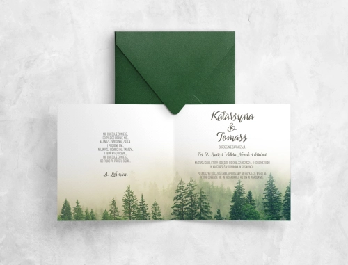 Leśne zaproszenie ślubne z kopertą ciemno zieloną