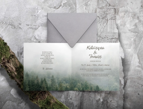 Leśne Rustykalne zaproszenia ślubne Forest z kopertą szaro perłową