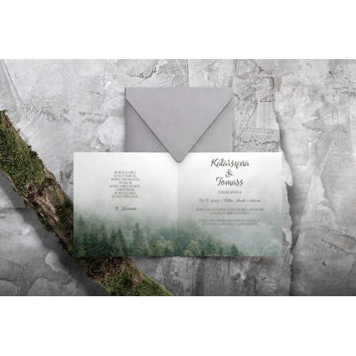 Leśne Rustykalne zaproszenia ślubne Forest z kopertą szaro perłową