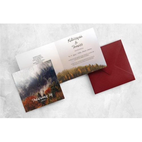 Zaproszenie Forest na papierze satynowym z piękną kopertą bordową