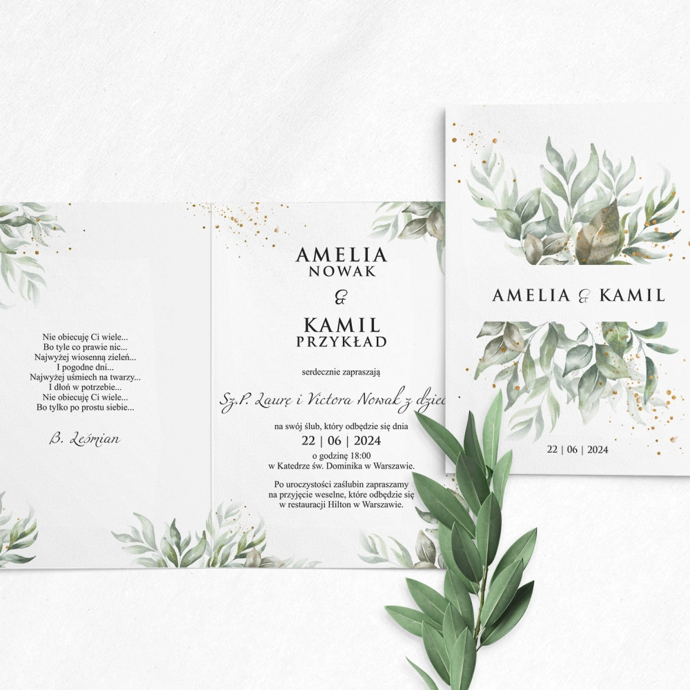 Zaproszenia ślubne Leaves - Składane Motyw 1