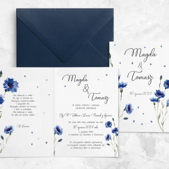 Oryginalne zaproszenie z&nbsp;Chabrami i&nbsp;ciemno niebieską kopertą