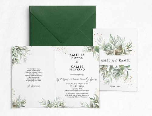 Nowoczesne zaproszenie drukowane na papierze satynowym z liśćmi i zieloną kopertą