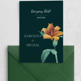 Ciemno zielone zaproszenia z&nbsp;liśćmi i&nbsp;dopasowaną kopertą