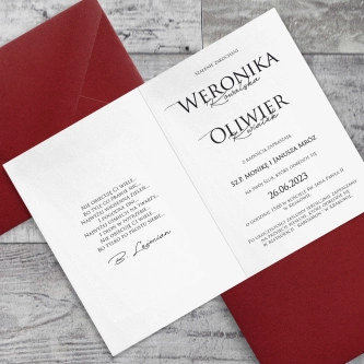 Eleganckie zaproszenie drukowane na papierze satynowym z&nbsp;piękną kopertą bordową