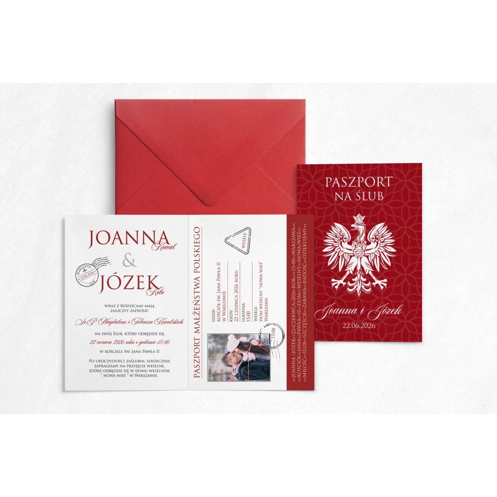 Podróżnicze zaproszenie ślubne Paszport z kopertą jasno bordową