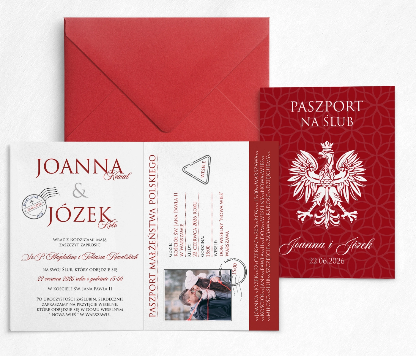Podróżnicze zaproszenie ślubne Paszport z kopertą jasno bordową