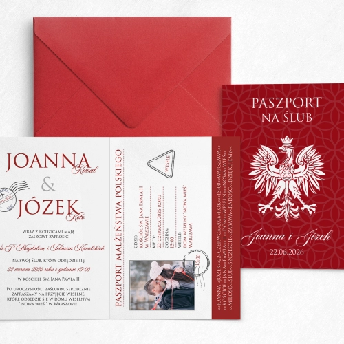 Podróżnicze zaproszenie ślubne Paszport z kopertą jasno bordową