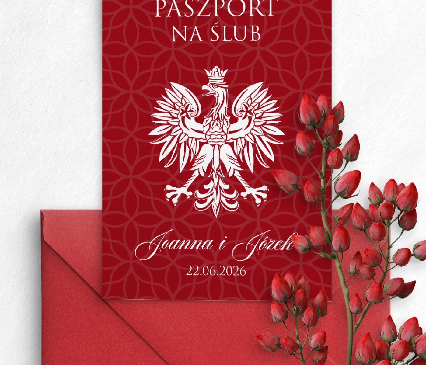 Podróżnicze zaproszenie ślubne Paszport z kopertą jasno bordową