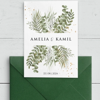 Piękne zielone zaproszenie Leaves drukowane na papierze satynowym z&nbsp;dopasowaną kopertą w&nbsp;kolorze zielonym