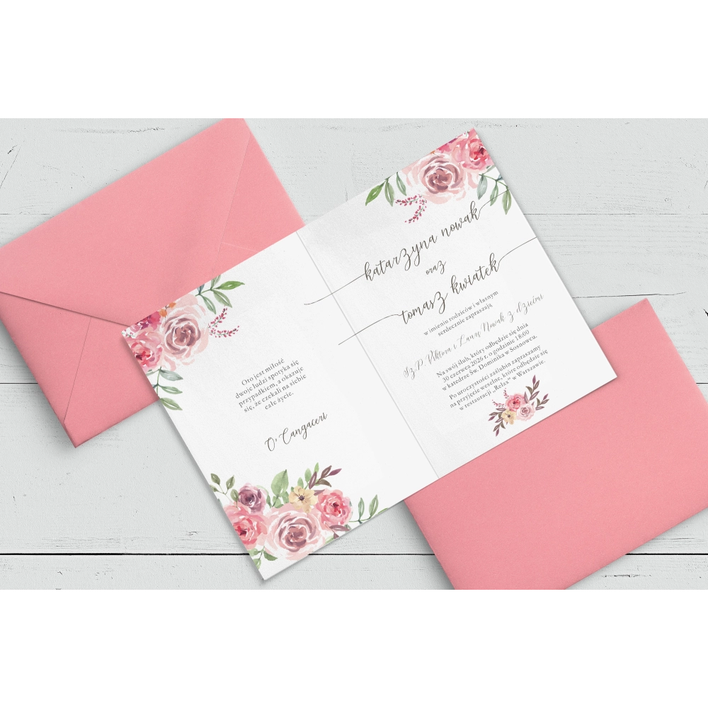 Urocze zaproszenie PasteLove drukowane na papierze satynowym z&nbsp;różową kopertą