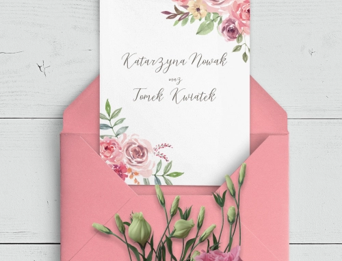 Urocze zaproszenie PasteLove drukowane na papierze satynowym z różową kopertą