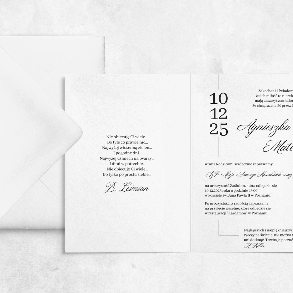 Minimalistyczne zaproszenie ślubne w stylu nowoczesnym z białą kopertą