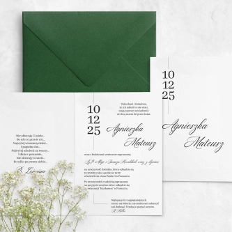 Piękne nowoczesne zaproszenie ślubne z&nbsp;wyróżniającą się datą ślubu oraz z&nbsp;kopertą ciemno zieloną
