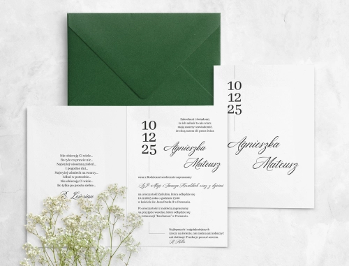 Piękne nowoczesne zaproszenie ślubne z wyróżniającą się datą ślubu oraz z kopertą ciemno zieloną