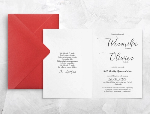 Minimalistyczne zaproszenie ślubne z kopertą w kolorze czerwonym