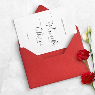 Minimalistyczne zaproszenie ślubne z&nbsp;kopertą w&nbsp;kolorze czerwonym