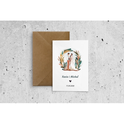 Rustykalne zaproszenie z Parą Młodą oraz z kopertą ekologiczną