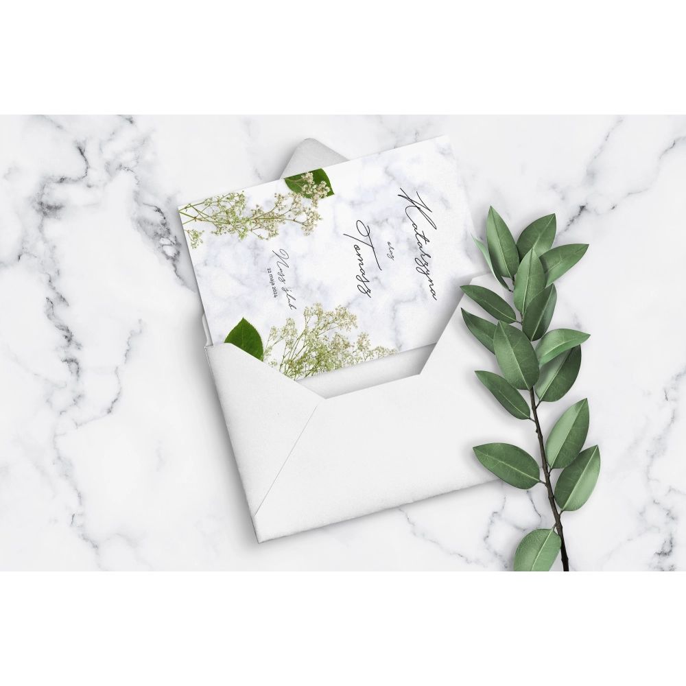 Nowoczesne zaproszenie Marble Leaf z piękną kopertą w kolorze białym