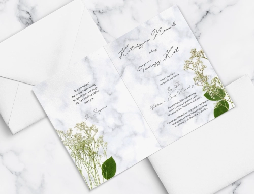 Nowoczesne zaproszenie Marble Leaf z piękną kopertą w kolorze białym