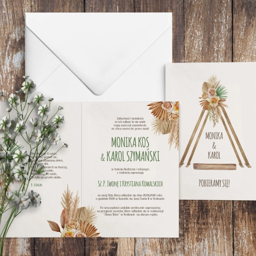 Boho zaproszenie z trawą pampasową i białą kopertą