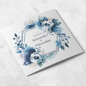 Złocone zaproszenia ślubne Kwadratowe Składane Azure Flowers z&nbsp;niebieską kopertą i&nbsp;podklejką