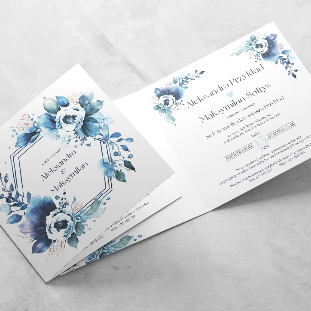 Zaproszenia ślubne Kwadratowe Składane Azure Flowers - Motyw 1