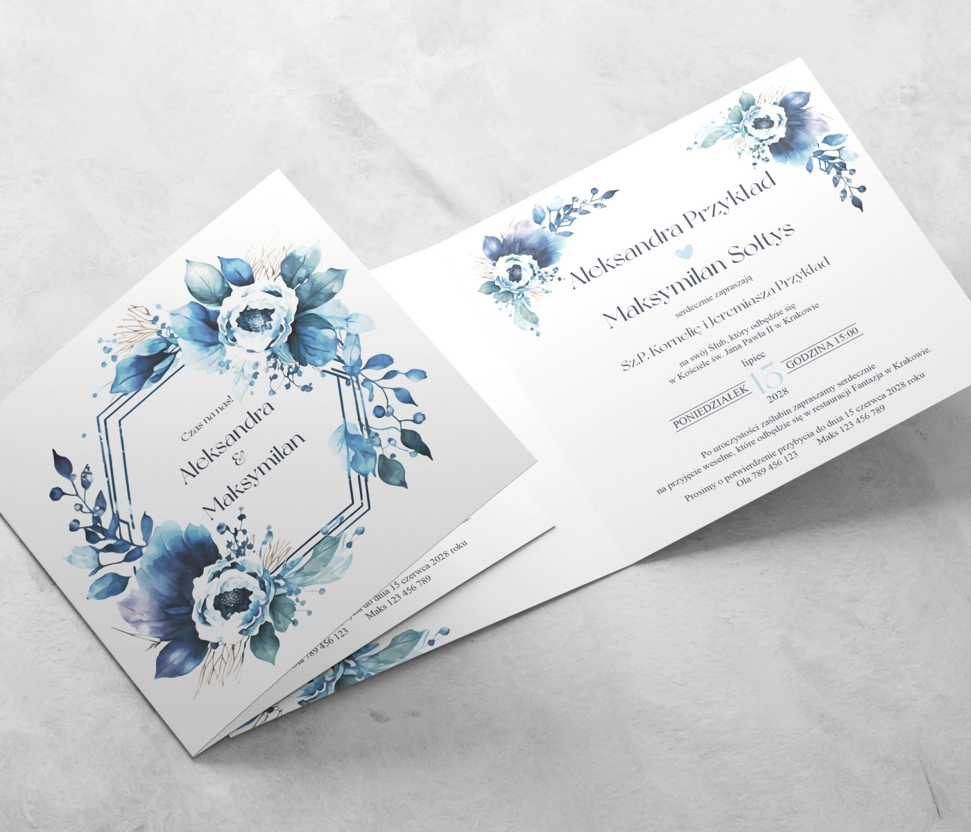 Zaproszenia ślubne Kwadratowe Składane Azure Flowers - Motyw 1