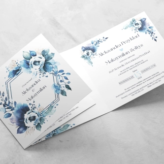 Złocone zaproszenia ślubne Kwadratowe Składane Azure Flowers z&nbsp;niebieską kopertą i&nbsp;podklejką