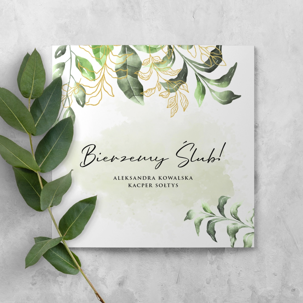 Zaproszenia ślubne Kwadratowe Składane Botanic Gold - Motyw 1