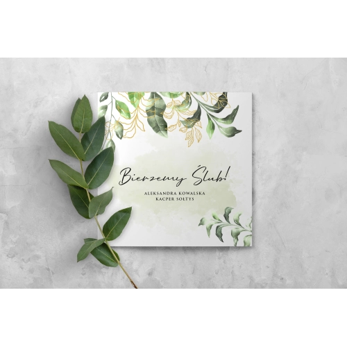 Zaproszenia ślubne Kwadratowe Składane Botanic Gold - Motyw 1