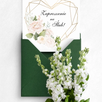 Zaproszenie ślubne z&nbsp;kwiatami w&nbsp;odcieniach różu i&nbsp;bieli z&nbsp;geometrycznym sercem