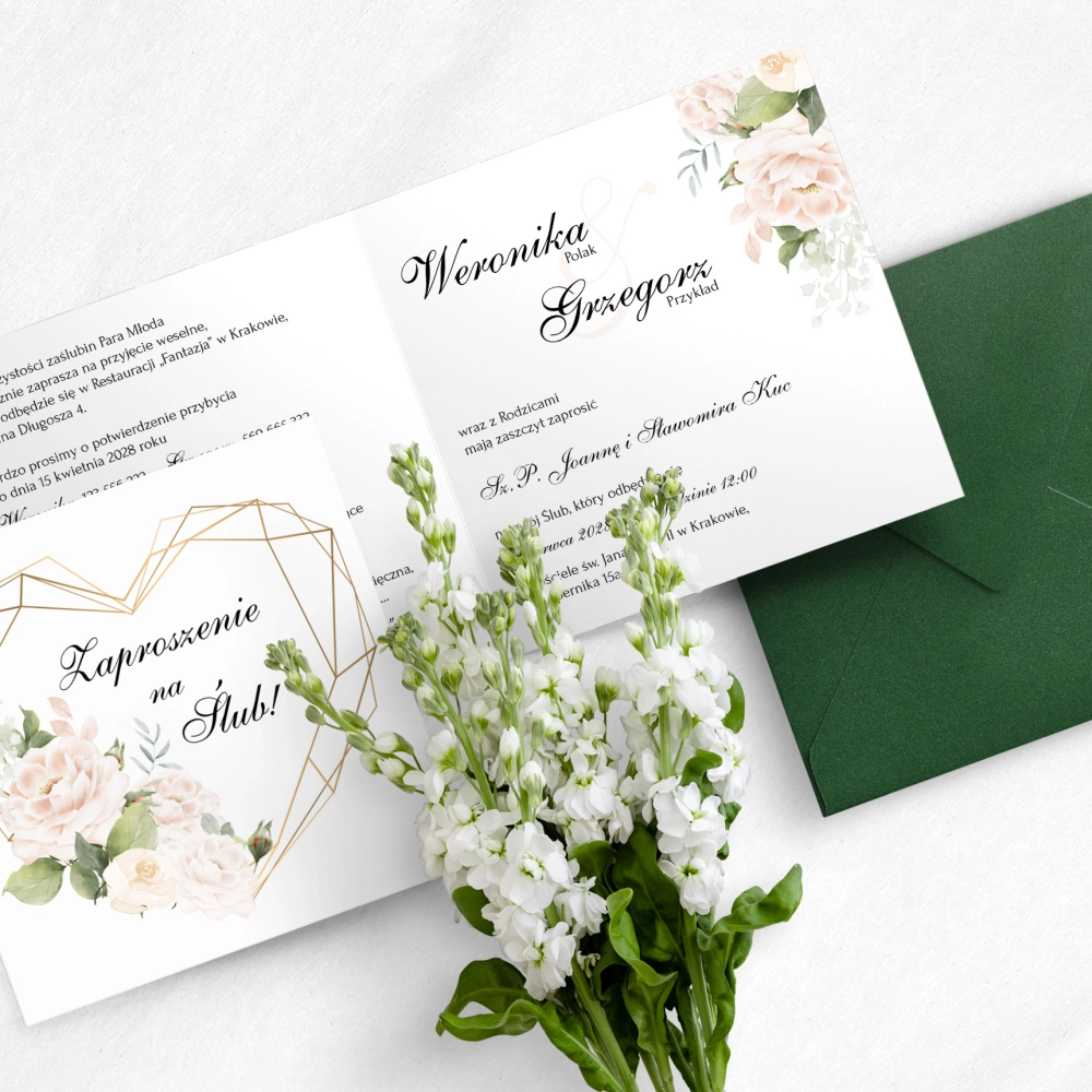 Zaproszenie ślubne z kwiatami w odcieniach różu i bieli z geometrycznym sercem