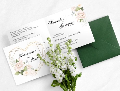Zaproszenie ślubne z kwiatami w odcieniach różu i bieli z geometrycznym sercem