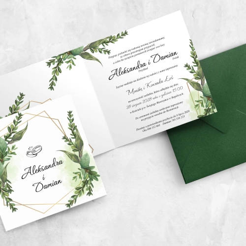 Botaniczne zaproszenie ślubne Green and Gold z kopertą w kolorze butelkowej zieleni