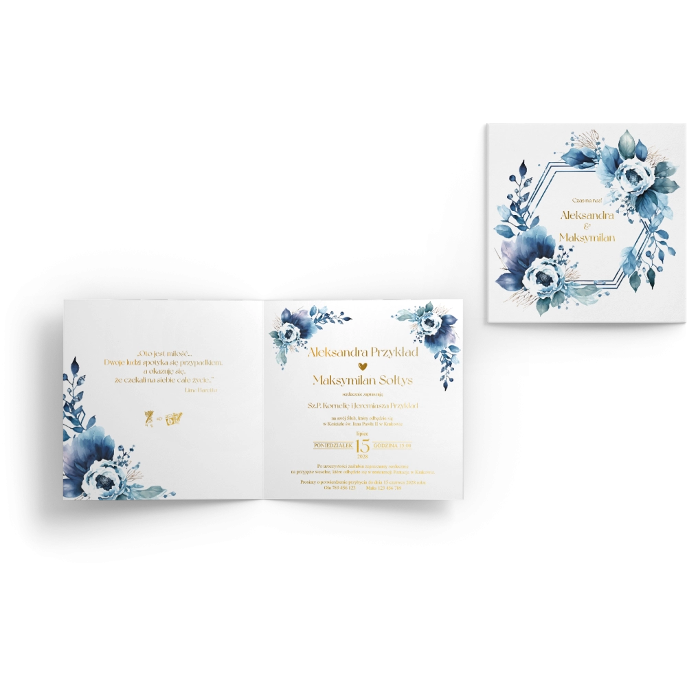 Złocone zaproszenia ślubne Kwadratowe Składane Azure Flowers - Motyw 1