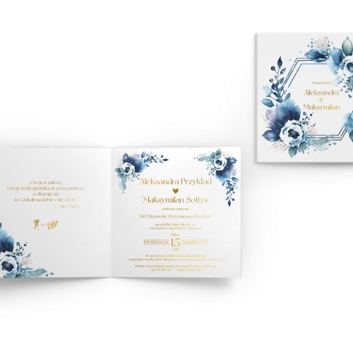 Złocone zaproszenia ślubne Kwadratowe Składane Azure Flowers - Motyw 1