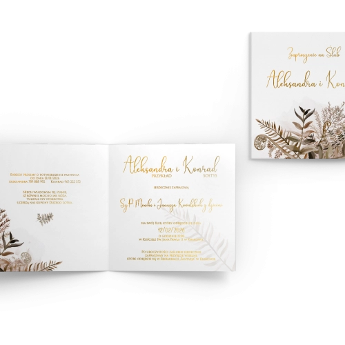 Złocone zaproszenia ślubne Kwadratowe Składane Rustic Charm - Motyw 1