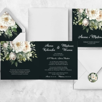 Fantazyjne zaproszenie w&nbsp;kolorze ciemnej zieleni z&nbsp;pięknymi kwiatami i&nbsp;kopertą