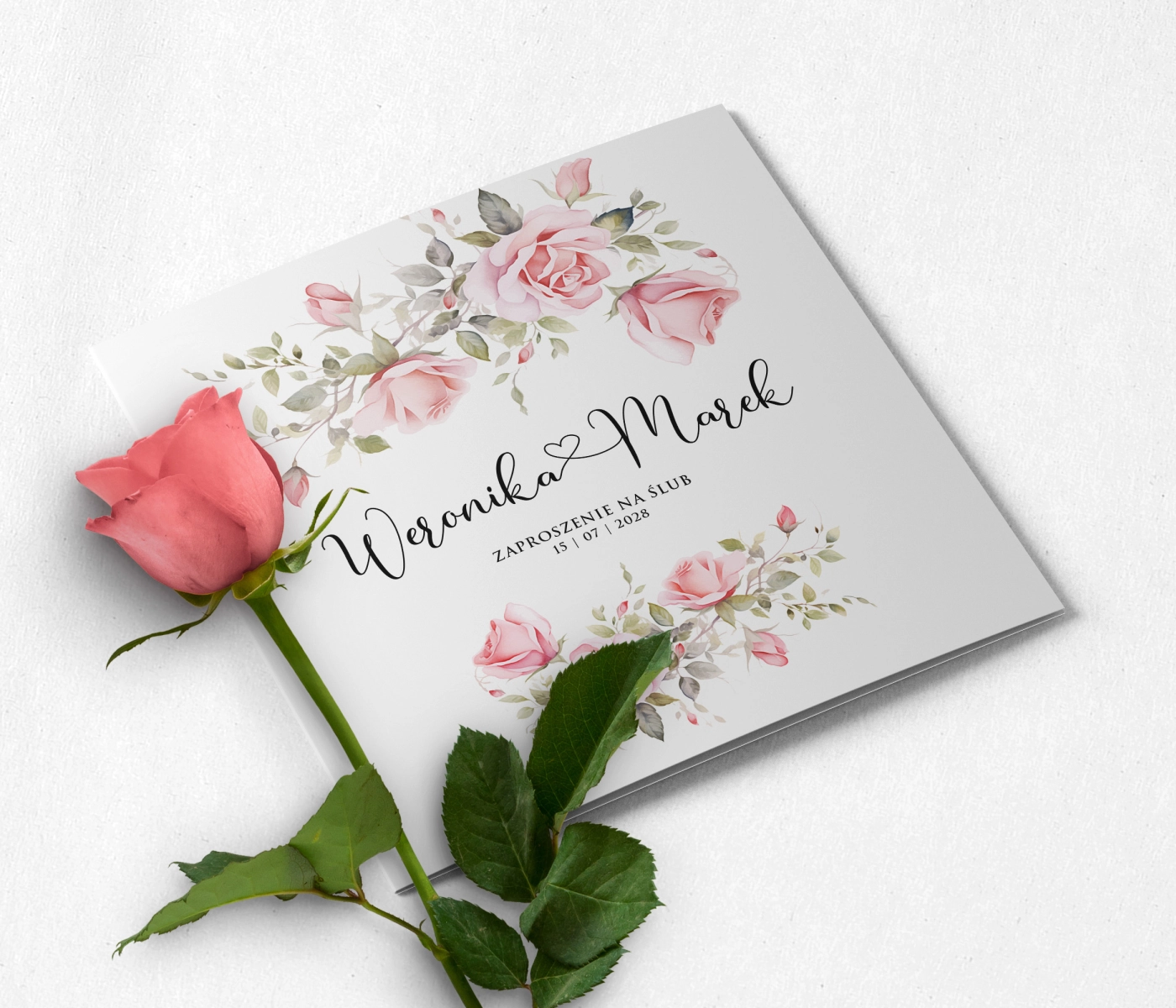 Zaproszenia ślubne Kwadratowe Składane Rose Love - Motyw 1