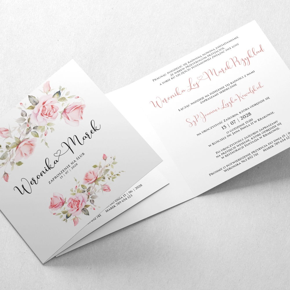 Zaproszenia ślubne Kwadratowe Składane Rose Love - Motyw 1