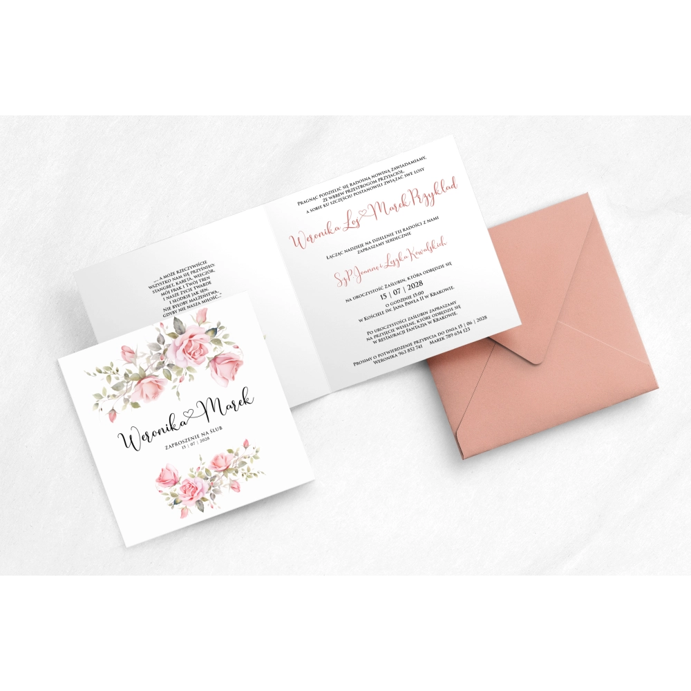 Piękne różane zaproszenie drukowane na papierze satynowym z&nbsp;piękną kopertą w&nbsp;kolorze brudnego różu