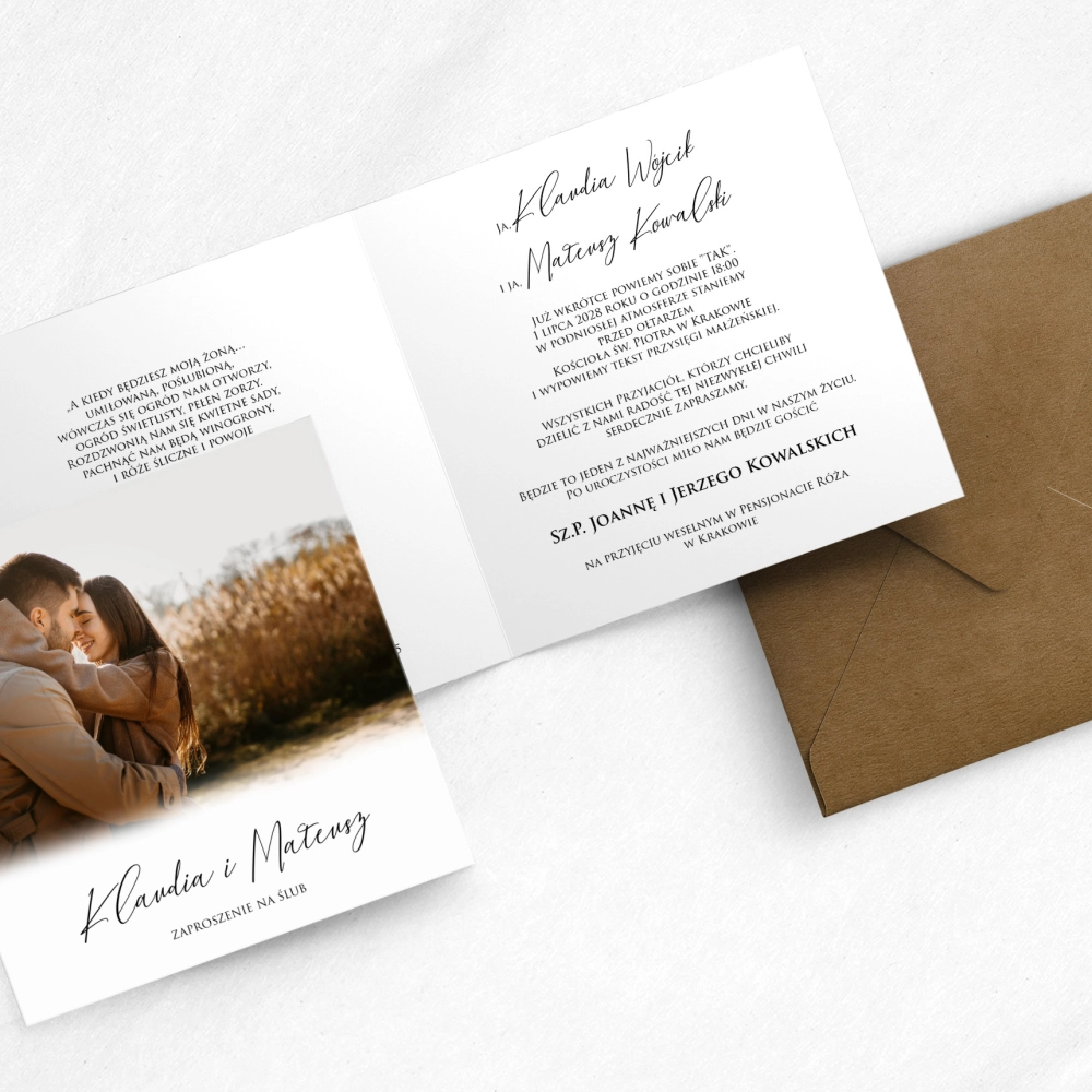 Piękne, minimalistyczne zaproszenie One Love ze zdjęciem i z dopasowaną kopertą w kolorze ekologicznym