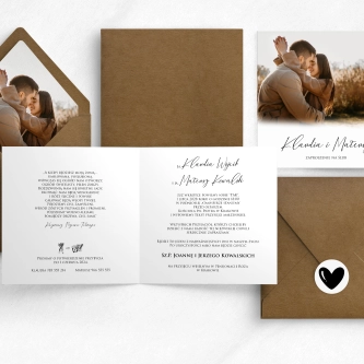 Piękne, minimalistyczne zaproszenie One Love ze zdjęciem i&nbsp;z dopasowaną kopertą w&nbsp;kolorze ekologicznym