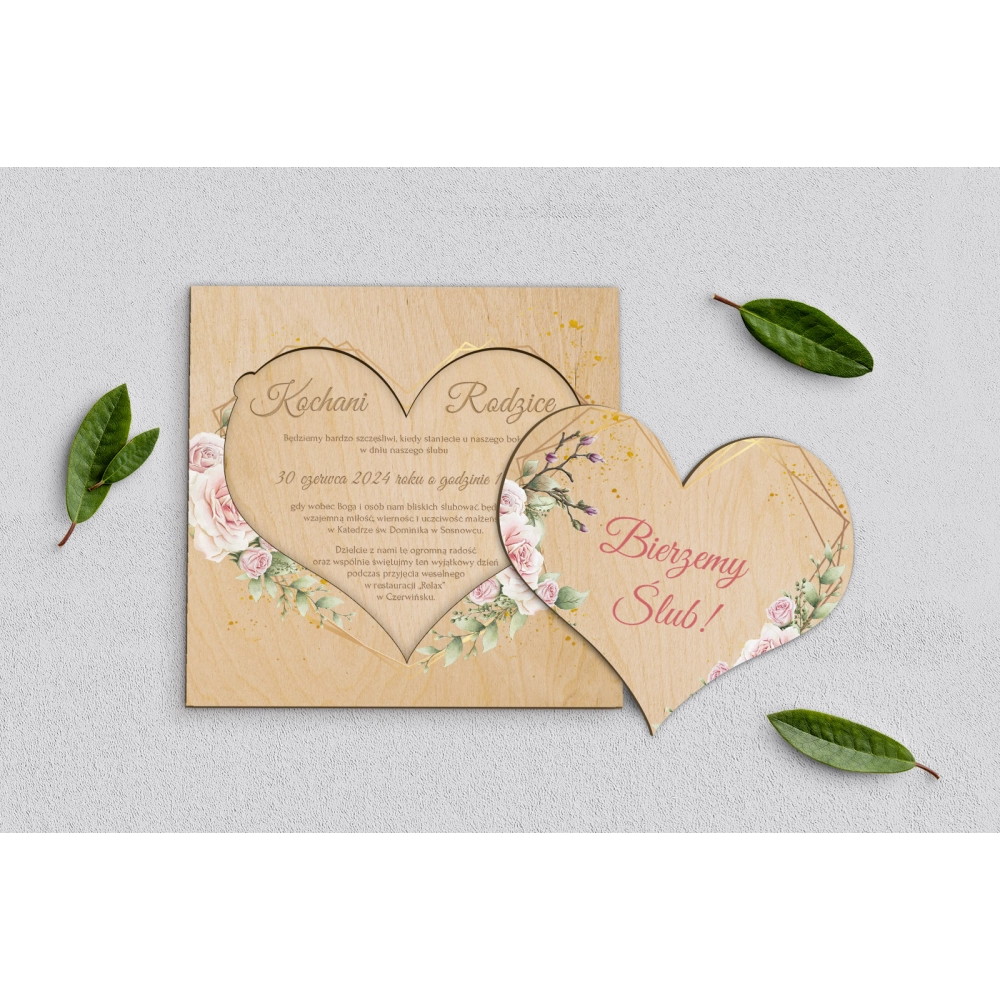 Drewniane Zaproszenie dla Rodziców - Złote Serca